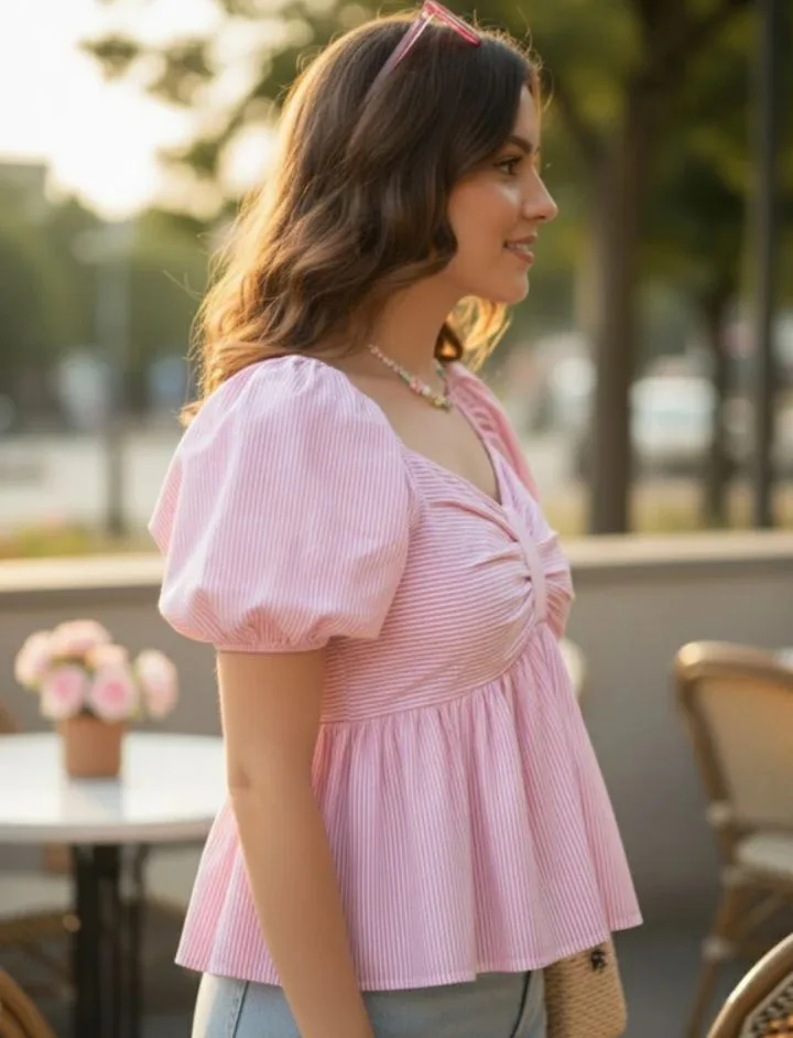 Deklook Casual Puff Sleeves Floral Print Women Pink Top 2