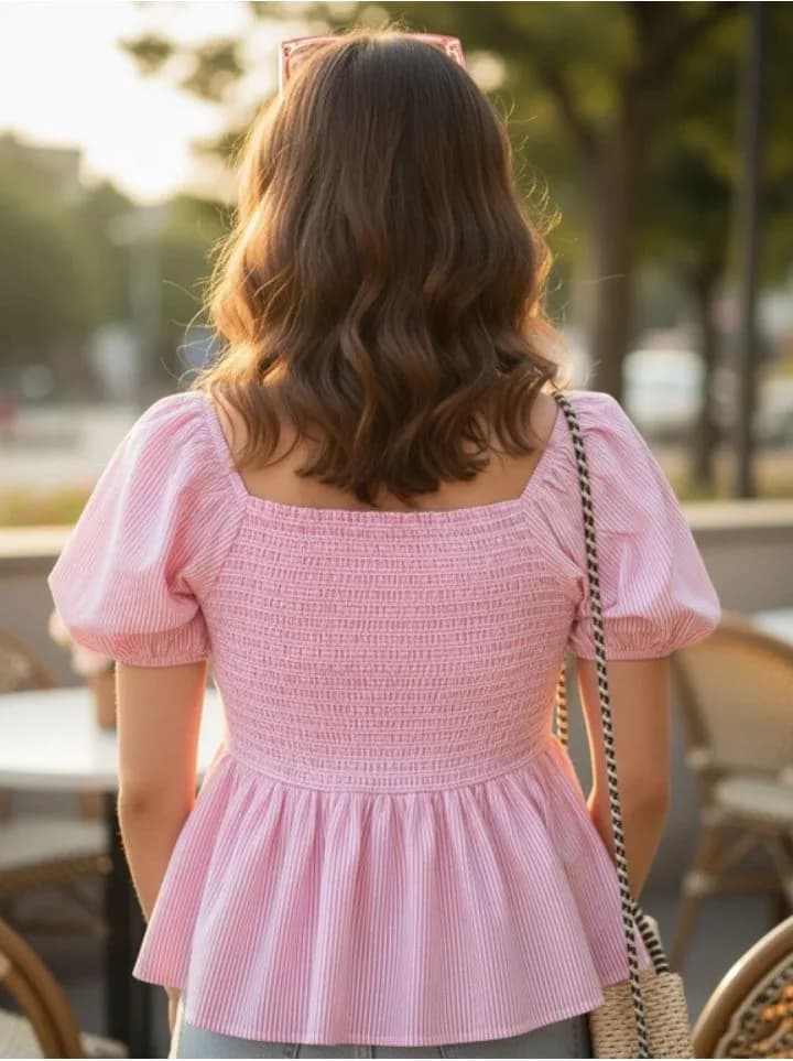 Deklook Casual Puff Sleeves Floral Print Women Pink Top 6