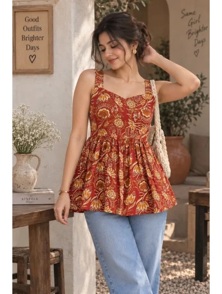 PIVORA Casual Shoulder Straps Floral Print Women Maroon Top